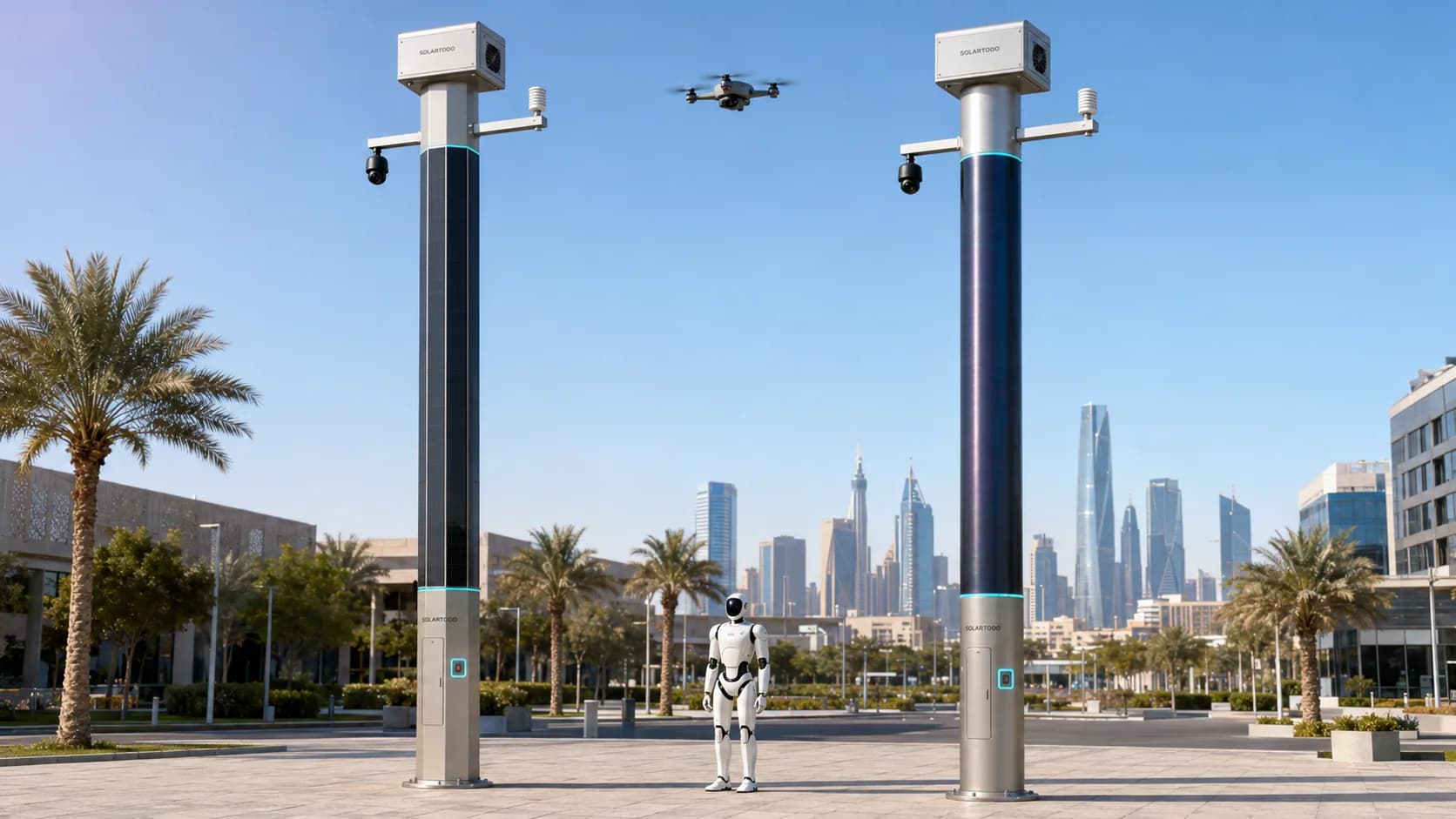 Two SOLARTODO solar physical AI city edge-node poles in a Riyadh plaza with an aerial drone and a ground robot.